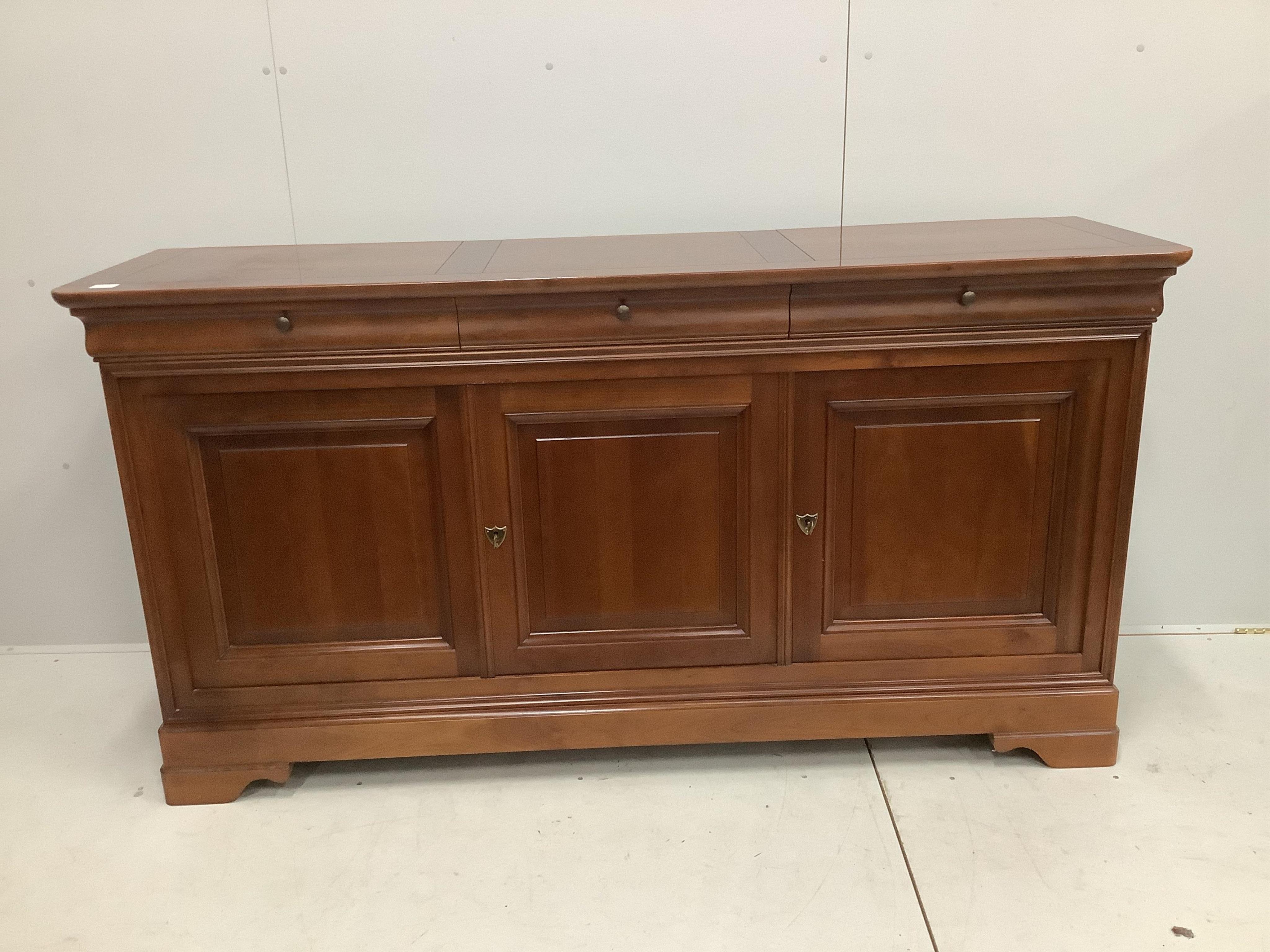 A reproduction French style cherry sideboard, width 191cm, depth 55cm, height 100cm. Condition - good